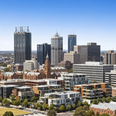 Adelaide city skyline with modern housing in foreground, representing affordability