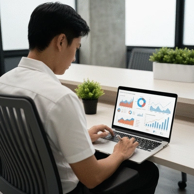 A person studying property market data on a laptop, with charts and graphs, representing strategic planning for property investment