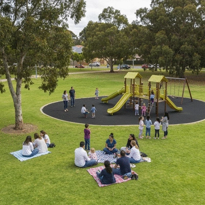 Parents and children engaging in a community event in a vibrant Adelaide suburb park