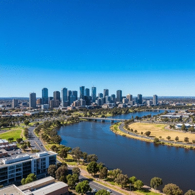 Modern Adelaide cityscape with clear blue sky and river, no text, no words, no typography, 8K