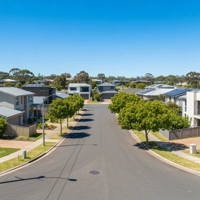 Quiet suburban street in Adelaide with modern houses and green trees, no text, no words, no typography, 8K