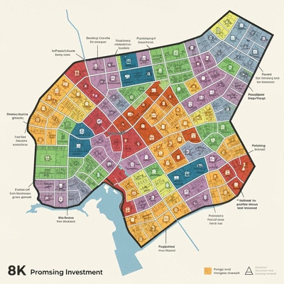 Stylized map highlighting promising suburbs in Adelaide, Australia