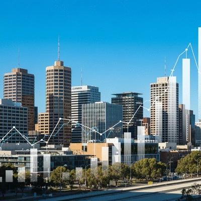 Modern cityscape of Adelaide, Australia, with financial charts overlaid