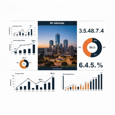 Modern infographic displaying Adelaide property market trends and economic indicators, clean image