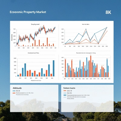 Graphs and charts showing economic indicators influencing the Adelaide property market, like employment rates and interest rates, no text, no words, no typography, 8K, clean image