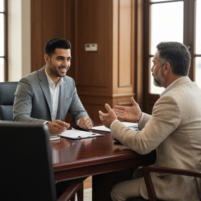 A person consulting with a real estate agent, showing a professional and informative discussion, no text, no words, no typography, 8K, clean image